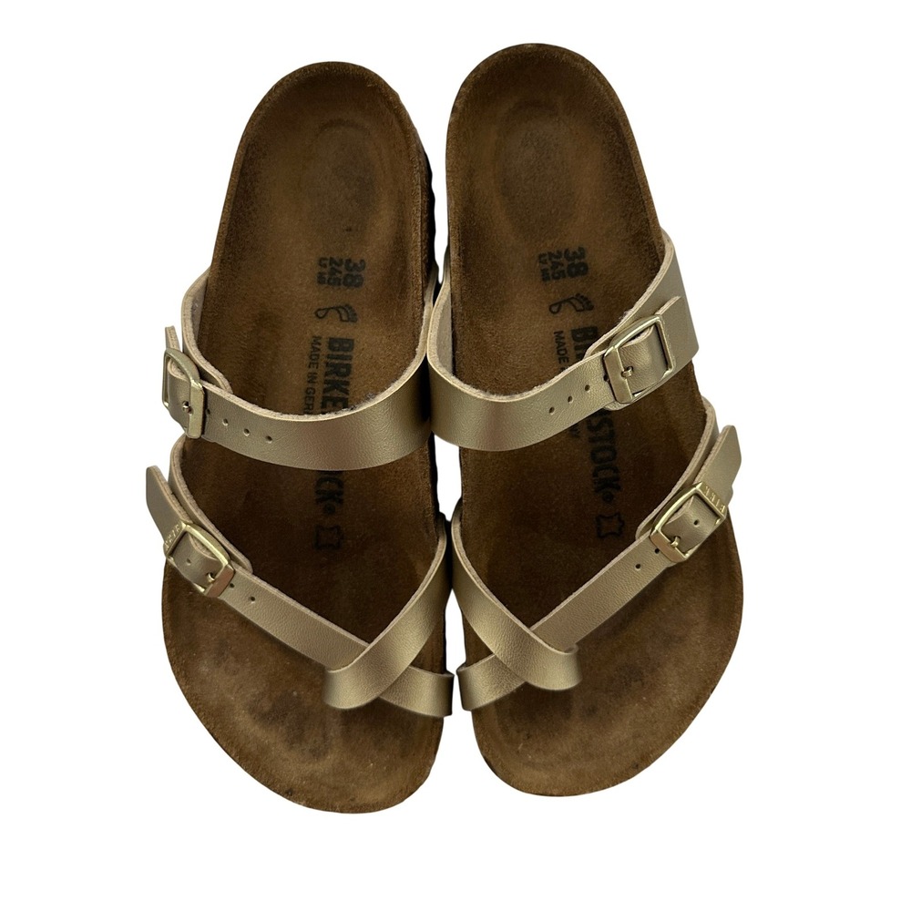 Birkenstock Mayari Gold Birko-Flor Sandals Womens 38 L7 M5 Toe Loop Slide - Picture 2 of 9